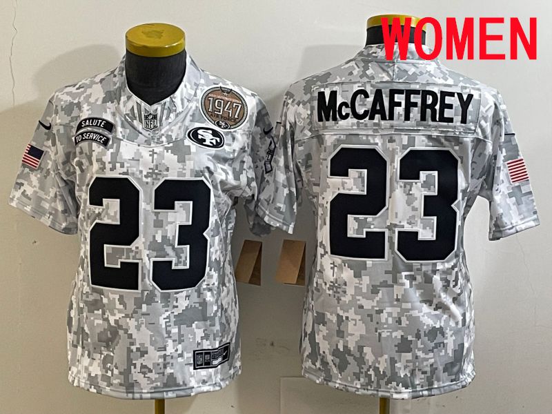 Women San Francisco 49ers #23 Mccaffrey Nike Arctic Camo 2025 Salute to Service Limited NFL Jersey style 2->women nfl jersey->Women Jersey